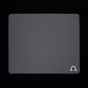ERRENNIR OMEGA gaming mousepad, square gray cloth surface with rounded corners and white Omega logo, top view.