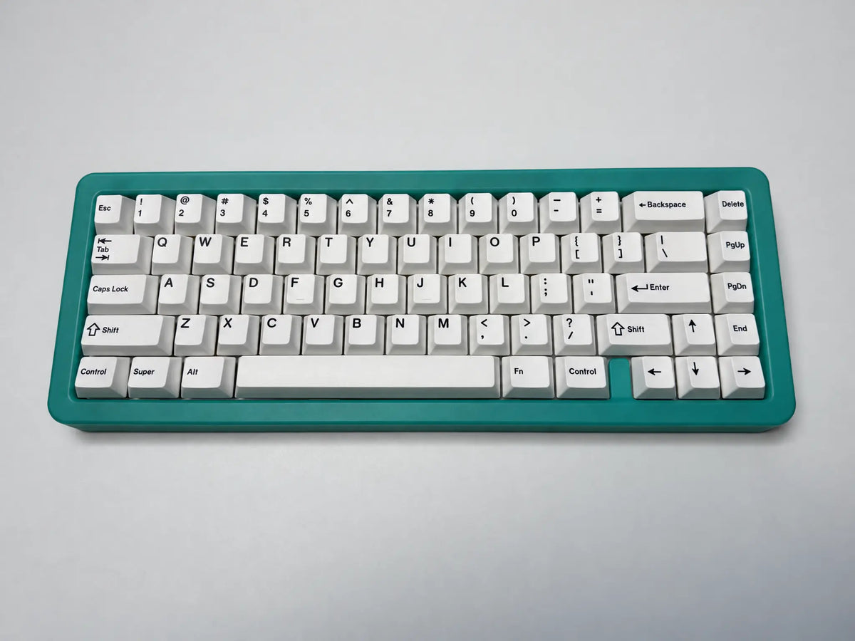 Odin Gaming Aurora65 LITE Neptune Green fully built 65% keyboard, front view with white keycaps and dedicated arrow keys.