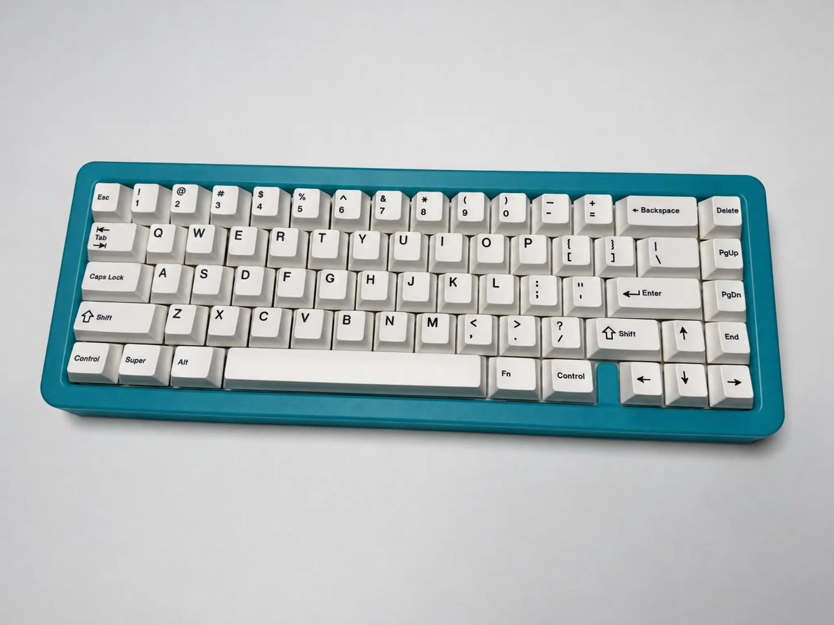 Odin Gaming Aurora65 LITE Nebula Blue 65% keyboard, full front view on a light background showing the white keycaps and compact layout.