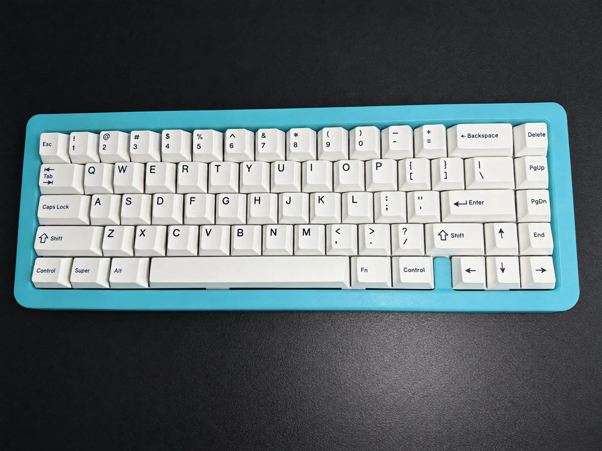 Odin Gaming Aurora65 LITE Nebula Blue mechanical keyboard, full top view on a dark background with installed white keycaps.